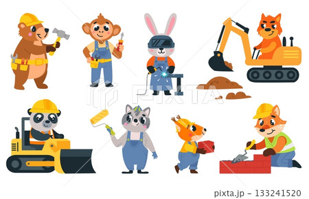 Cartoon animal builders. Animals in uniforms and helmets work at construction site. Welder and bricklayer, painter, carpenter and general laborer classy vector set 133241520