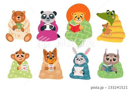 Cartoon animals in blankets. Funny animal covering in warm cozy blanket. Bear monkey panda drink hot drinks, owl and lion reading, classy vector characters 133241521