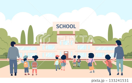 Children go to school. Kids with backpack and adults back view. Students walking on learning, education concept with building, recent vector scene 133241531