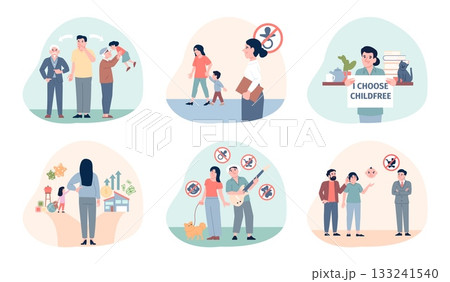 Childfree people. Choice to be child free human. Couple and single characters choose career, freedom, financial and work success, social recent vector scenes 133241540