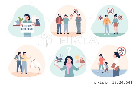 Childfree characters. Men women want children, free couple. Imposition of public opinion on childbearing, social pressure, recent vector scenes 133241541