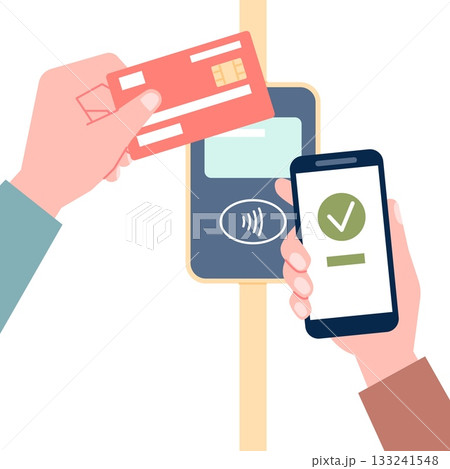 Hand with transport card. Human buy public transport ticket or parking with phone. Contactless payment validator terminal in bus metro, recent vector concept 133241548