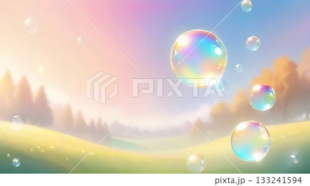 泡と光粒が漂うパステル空と緑の丘、幻想的で静かな風景イラスト素材 133241594