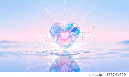 ガラス状ハートが浮かぶパステル空と水面反射、幻想的でロマンチックな風景イラスト素材 ガラス状ハートが浮かぶパステル空と水面反射、幻想的でロマンチックな風景イラスト素材 133241600