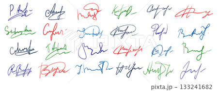 Hand drawn fake signature templates. Forged autograph in various styles 133241682