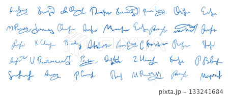 Collection of fictitious handwritten signatures. Abstract fake autographs in different styles. 133241684