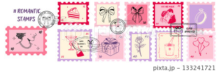 Set of whimsical Valentine postage stamps in sketch style. Hand drawn romantic lady, cake, bows, couple, ring, rose, gift box, champagne. 133241721