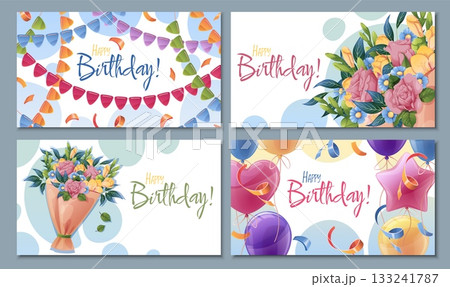 Elegant Birthday Banners Set with Floral Bouquet of Roses, Freesia and Daisies, Bunting Garlands, Balloons and Confetti. Perfect for Romantic Party Posters, Wedding Anniversaries, Spring Celebrations Elegant Birthday Banners Set with Floral Bouquet of Roses, Freesia and Daisies, Bunting Garlands, Balloons and Confetti. Perfect for Romantic Party Posters, Wedding Anniversaries, Spring Celebrations 133241787