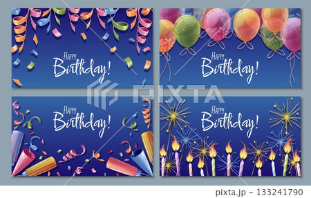 Festive Birthday Banners Set with Balloons, Ribbons, Confetti, Party Poppers and Fireworks on Blue Background. Perfect for Party Posters, Celebration Invitations, Event Decorations and Social Media. Festive Birthday Banners Set with Balloons, Ribbons, Confetti, Party Poppers and Fireworks on Blue Background. Perfect for Party Posters, Celebration Invitations, Event Decorations and Social Media. 133241790