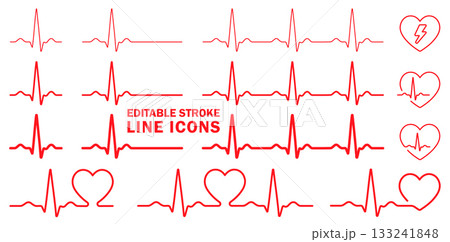 ECG Heart Beat Line Icon Set. A Collection Of Red Vector Thin Line Editable Stroke Icons Representing Heart Rate, Pulse, And EKG Signal. Perfect For Medical, Healthcare, Cardiology And Wellness Design ECG Heart Beat Line Icon Set. A Collection Of Red Vector Thin Line Editable Stroke Icons Representing Heart Rate, Pulse, And EKG Signal. Perfect For Medical, Healthcare, Cardiology And Wellness Design 133241848