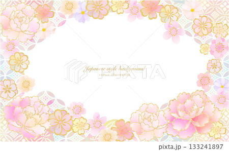 ふんわり和柄と花の背景素材 133241897