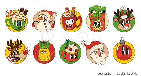 Groovy retro xmas circle sticker set 133241949