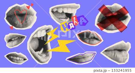 Halftone mouths set isolated on blue background 133241955
