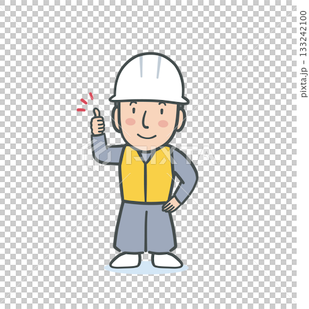 Illustration material of a man in a white helmet wearing work clothes and making a thumbs up pose with a smile Illustration material of a man in a white helmet wearing work clothes and making a thumbs up pose with a smile 133242100