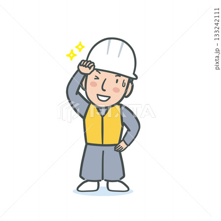 笑顔で汗をぬぐう作業服を着た男性のイラスト素材 133242111