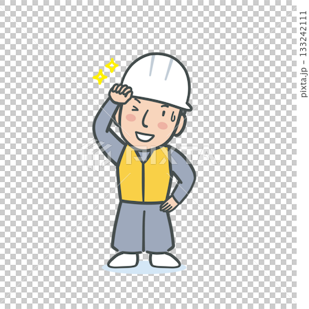 笑顔で汗をぬぐう作業服を着た男性のイラスト素材 133242111