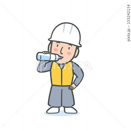 水分補給をするヘルメットを被った作業員の男性のイラスト素材 133242114