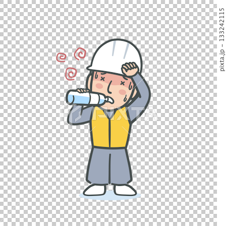 暑くて水分補給をするヘルメットを被った作業員男性のイラスト素材 133242115