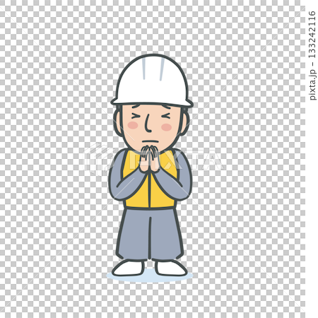 圖解素材:一名戴著安全帽的男工人雙手合十道歉。 圖解素材:一名戴著安全帽的男工人雙手合十道歉。 133242116