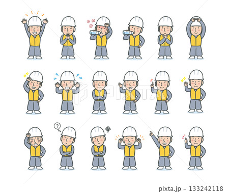様々な表情とポーズの作業員男性の全身イラストセット 133242118
