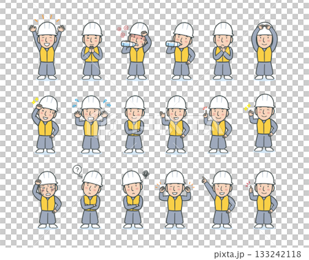 様々な表情とポーズの作業員男性の全身イラストセット 133242118