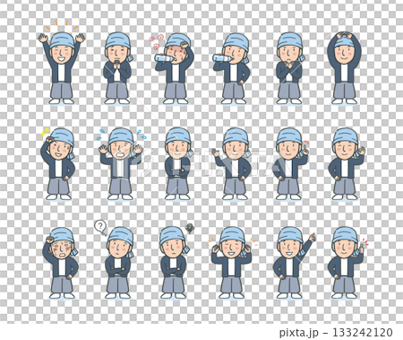 Full-body illustration set of various facial expressions and poses of male workers Full-body illustration set of various facial expressions and poses of male workers 133242120
