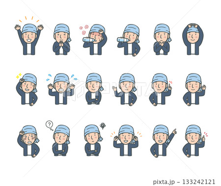 作業員男性の様々な表情とポーズの上半身イラストセット 133242121