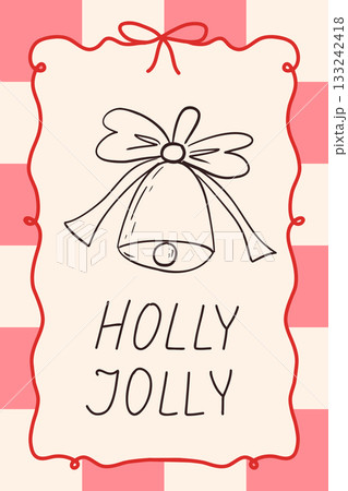 Winter whimsical hand drawn card, poster design. Coquette bell and bows in red frame with lettering. Elements with charming and elegance. Christmas party, vector illustration. Winter whimsical hand drawn card, poster design. Coquette bell and bows in red frame with lettering. Elements with charming and elegance. Christmas party, vector illustration. 133242418