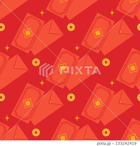 Hongbao red envelope with coins vector pattern. Asian festive envelope with ornament. Traditional money gift for Lunar New Year, wedding and other occasions. Flat illustration. 133242419