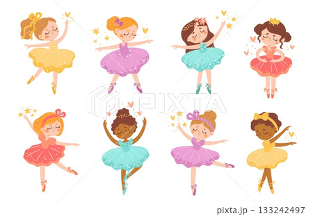 Cute little ballerinas. Funny girls in pointe shoes and tutus, ballet dance class, dancers characters, lovely princesses, art choreography cartoon flat style isolated garish vector set 133242497