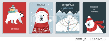 Cute polar bears cards. Merry christmas, arctic big animals, cartoon fauna characters with winter clothes, north fauna, merry xmas, greeting design, childish print tidy vector isolated set 133242499
