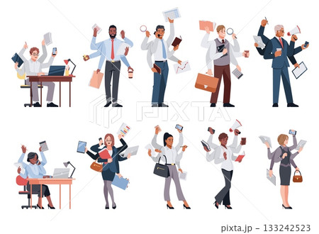 Multitasking characters. Business people with many hands, performing multiple tasks, effective, successful office workers standing or sitting at desk, cartoon flat isolated tidy vector set 133242523