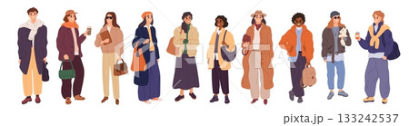 People in casual modern clothes. Women and men with demi season street looks, multi layered outfits, current images wears, coats and boots. Cartoon flat style isolated garish vector set 133242537