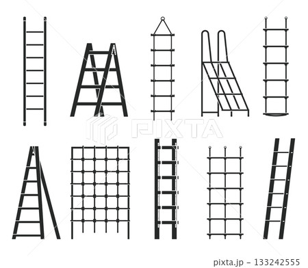 Step ladders icons. Silhouette black stairs, different types, sliding, side mounted, suspended, construction foldable ladders and sport equipment, isolated stairway qualitative vector set 133242555