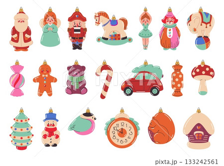 Vintage christmas toys. Holiday glass decorations, santa, nutcracker and snowman, xmas tree pendants, cute figurines, circus characters cartoon flat style isolated classy vector set 133242561