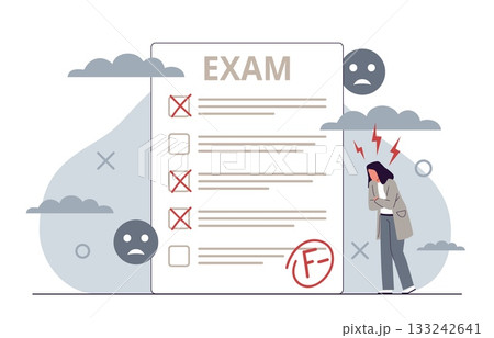 Failing exam. Sad girl who failed online test, student made mistake, missing points, marking incorrect options, education and knowledge, crying character nowaday vector cartoon flat concept Failing exam. Sad girl who failed online test, student made mistake, missing points, marking incorrect options, education and knowledge, crying character nowaday vector cartoon flat concept 133242641