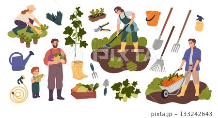 Gardeners with tools. Organic farming, cultivation of ground, loosening, planting, harvesting, agriculture farmers family growing vegetables, cartoon flat isolated garish vector set Gardeners with tools. Organic farming, cultivation of ground, loosening, planting, harvesting, agriculture farmers family growing vegetables, cartoon flat isolated garish vector set 133242643