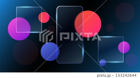 Glassmorphing transparent frames. Round shapes blur effect, view through frosted glass, empty planes for text, square web template, ui minimal buttons, qualitative vector concept 133242644