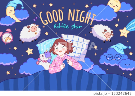 Happy bedtime card. Little girl in pajama sleeps in bed with unicorn soft toy, good night banner, childish sweet dream, clouds and stars, night sky cartoon isolated tidy vector concept Happy bedtime card. Little girl in pajama sleeps in bed with unicorn soft toy, good night banner, childish sweet dream, clouds and stars, night sky cartoon isolated tidy vector concept 133242645