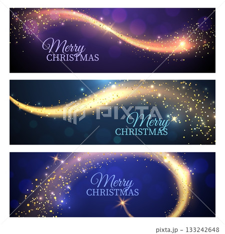 Merry christmas magic banners. Horizontal poster design, realistic fairy magic stardust with glitter, realistic gold comet with light tail and shimmer, curve form sparkles. Vector set Merry christmas magic banners. Horizontal poster design, realistic fairy magic stardust with glitter, realistic gold comet with light tail and shimmer, curve form sparkles. Vector set 133242648