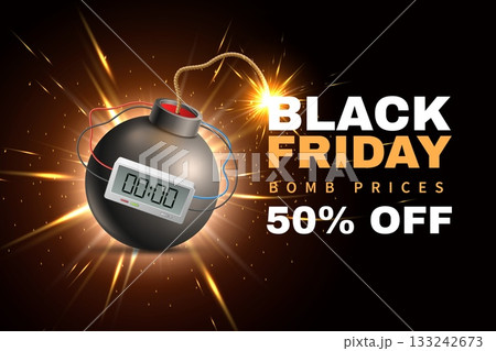 Realistic bomb discount poster. Black Friday sale. Explosive weapon with burning fuse and clockwork, holiday special offer. Marketing promotion banner. Realistic isolated vector concept 133242673