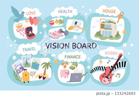 Vision board. Pictures with goals and dreams, material values, love, health, motivation and planning, visionary examples travel, finance and hobby, strategy garish vector cartoon flat set Vision board. Pictures with goals and dreams, material values, love, health, motivation and planning, visionary examples travel, finance and hobby, strategy garish vector cartoon flat set 133242683
