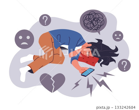 Woman is crying. Depressed character lying on floor in tears, frustration, life problems, negative emotions, sadness and loneliness, mental health disorder nowaday vector cartoon flat concept Woman is crying. Depressed character lying on floor in tears, frustration, life problems, negative emotions, sadness and loneliness, mental health disorder nowaday vector cartoon flat concept 133242684