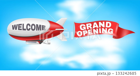 Zeppelin with advertising banner in sky. Grand opening. Realistic dirigible with red flag in sky. Shopping sale and discount. Promotional vintage transport. Isolated airship vector concept Zeppelin with advertising banner in sky. Grand opening. Realistic dirigible with red flag in sky. Shopping sale and discount. Promotional vintage transport. Isolated airship vector concept 133242685