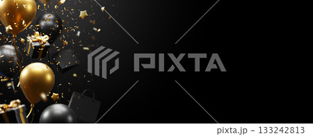 Black friday banner sale design of balloons and gift box with confetti on black background 3D render 133242813