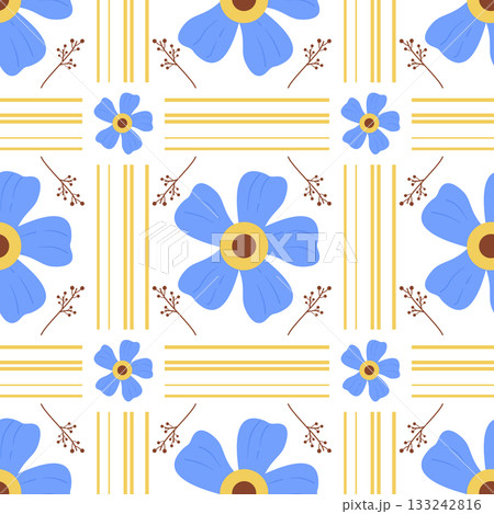 Cheerful Blue Flower and Yellow Stripe Seamless Pattern background Cheerful Blue Flower and Yellow Stripe Seamless Pattern background 133242816