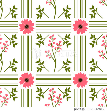 Vibrant Pink Flower and Green Botanical Seamless Pattern 133242817