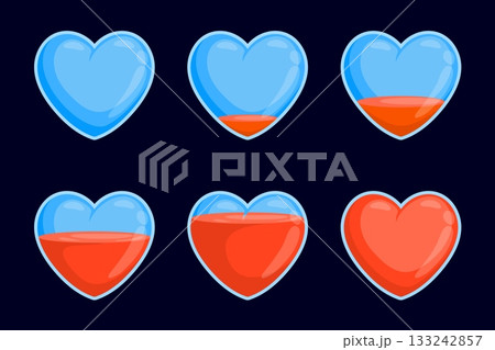 Heart fill progress. Cartoon glass transparent heart loading bar animation, love meter game ui life fuel sequence empty full load volume customer feeling, kicky vector illustration 133242857
