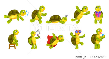 Cartoon tortoise characters. Cute turtle mascot, funny turtles character poses sea animal in shell green reptile comic baby tortilla slow terrapin, set kicky vector illustration 133242858