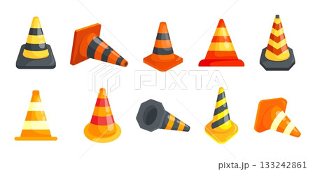 Cartoon traffic cones. Road orange cone, car accident safety sign roadway construction maintenance work street obstacle caution signal plastic funnel, set kicky vector illustration Cartoon traffic cones. Road orange cone, car accident safety sign roadway construction maintenance work street obstacle caution signal plastic funnel, set kicky vector illustration 133242861